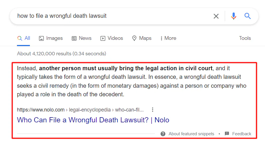 Google search results or the keyword "how to file a wrongful death lawsuit", with the featured snippet highlighted