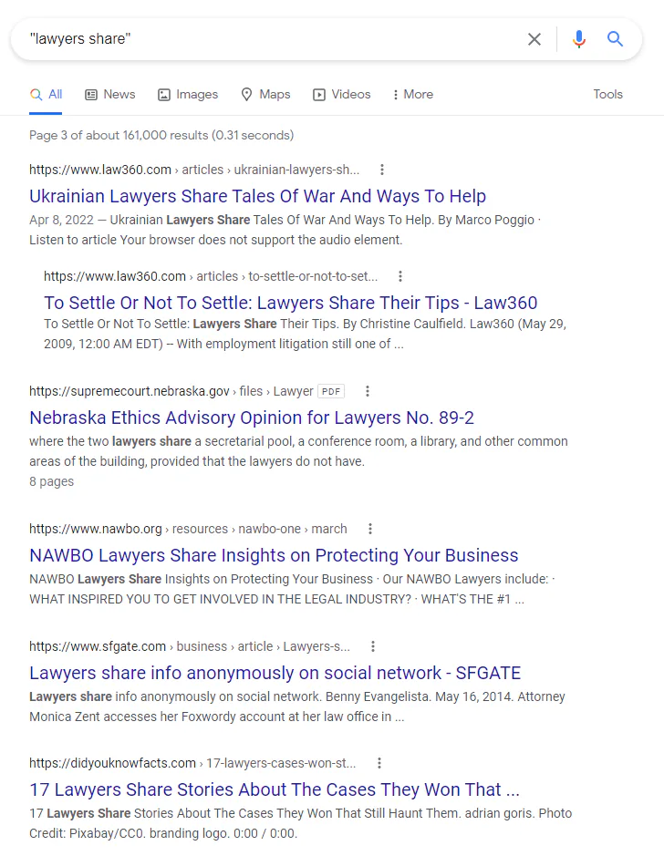 Google search results for the keyword "lawyers share" include multiple expert roundups
