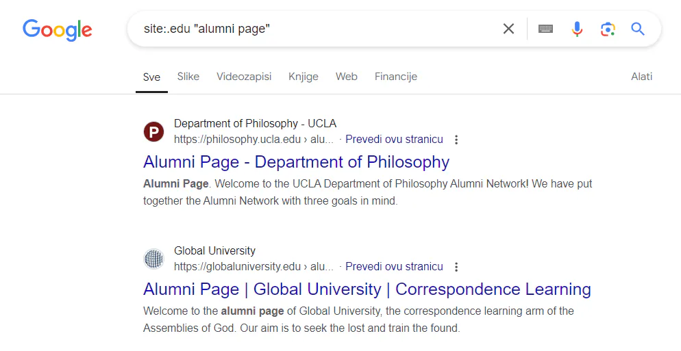 Google search results for the query sring "site:.edu "alumni page""