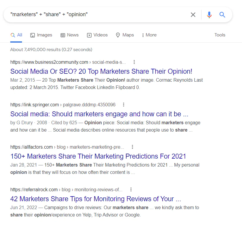 Google search results for the query string "marketers" + "share" + "opinion" include several expert roundup posts