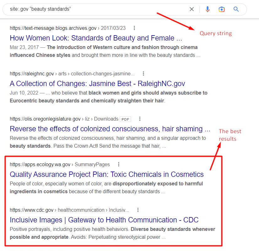 Google search results for the query string site:.gov “beauty standards”
