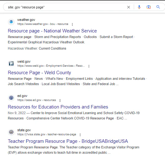 Google search results for the query string site:.gov “resource page”