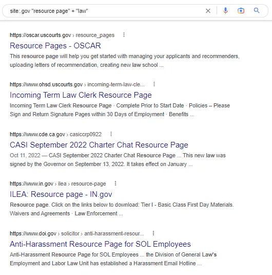 Google search results for the query string site:.gov “resource page” + “law”