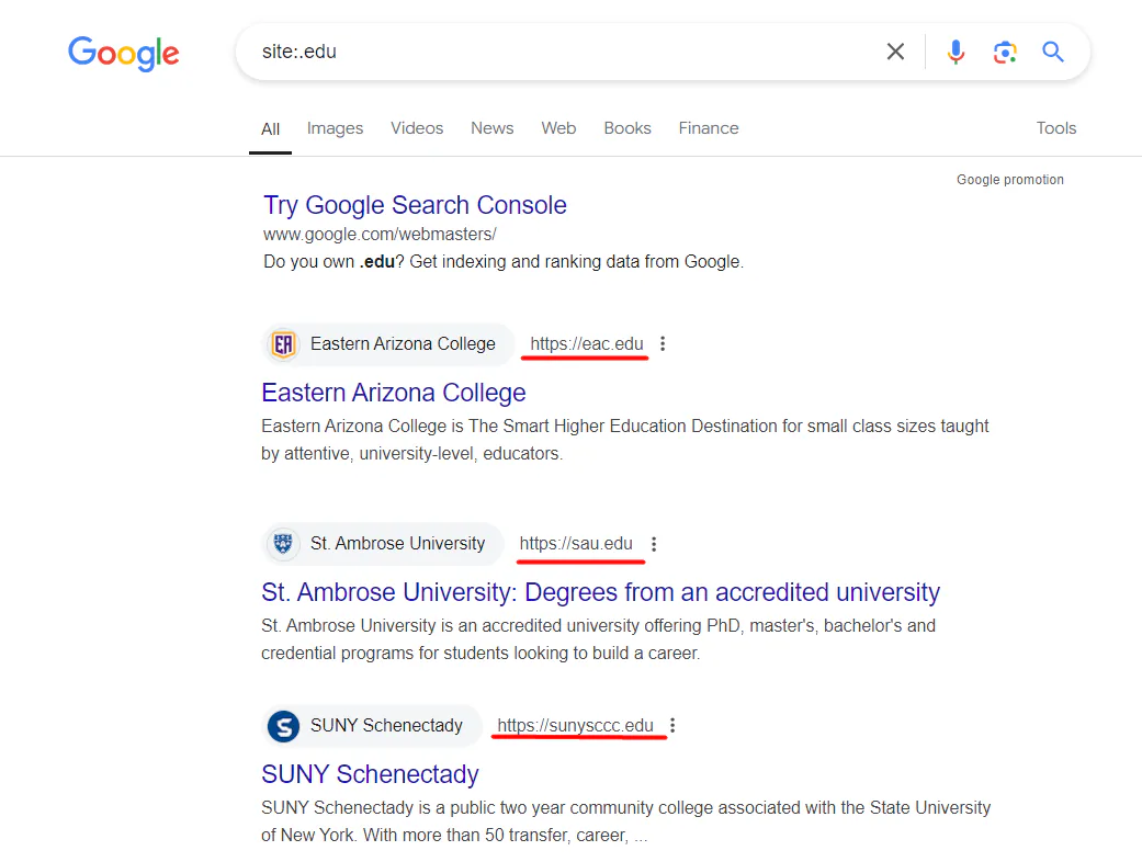 Google search results for the query string site:.edu include sites with an .edu domain name