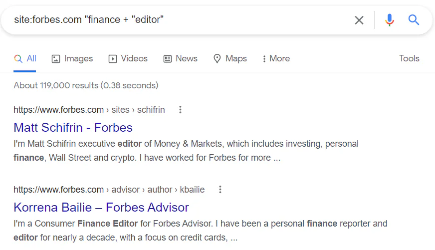 Google search results for the string site:forbes.com "finance" + "editor" include two pages about Forbes editors that are in charge of finance-related content