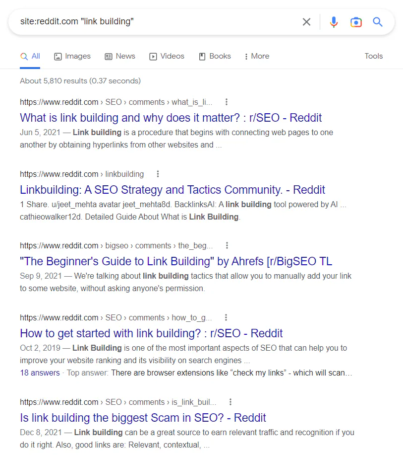 Google search results for the string site:reddit.com “link building” include Reddit posts containing the keyword link building