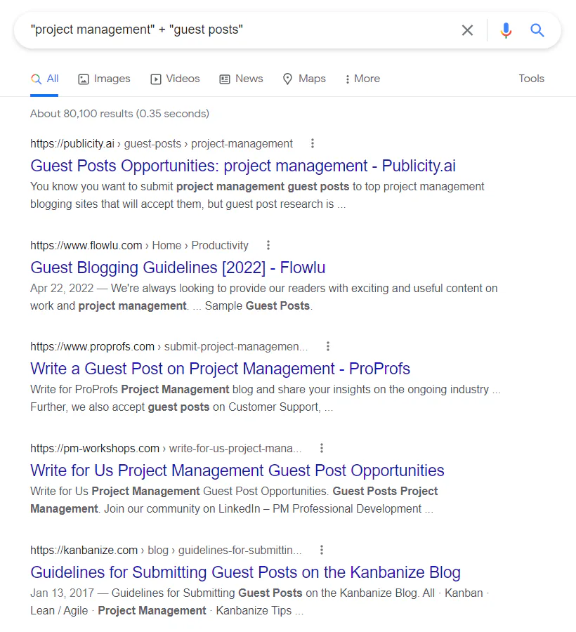 Google search results for the string "project management" + "guest posts" includes pages accepting guest post submissions