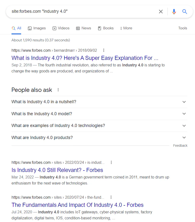 Google search results for the string site:forbes.com "industry 4.0" consisting of articles on forbes.com that mention the keyword "industry 4.0"