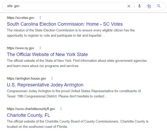 .gov sites found via Google search