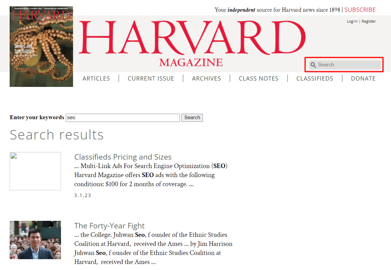 Harvard Magazine website with the search tool highlighted