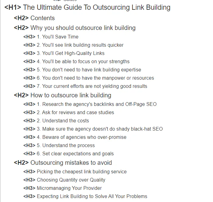 Headings from our blog post on outsourcing link building