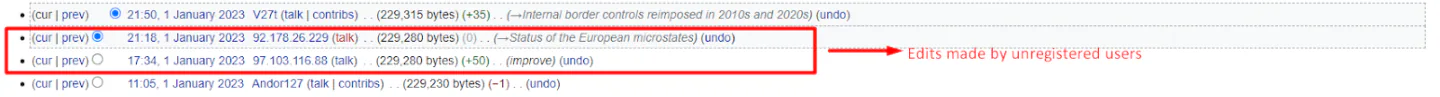 Highlighted IP addresses of unregistered editors recorded on a public “Revision history” page