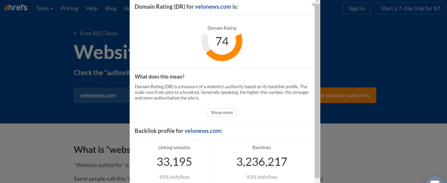 Example of a website's DR score