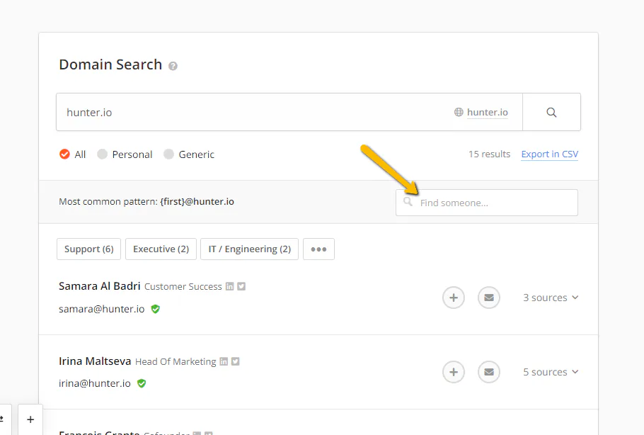 Screenshot of hunter.io domain search in detail