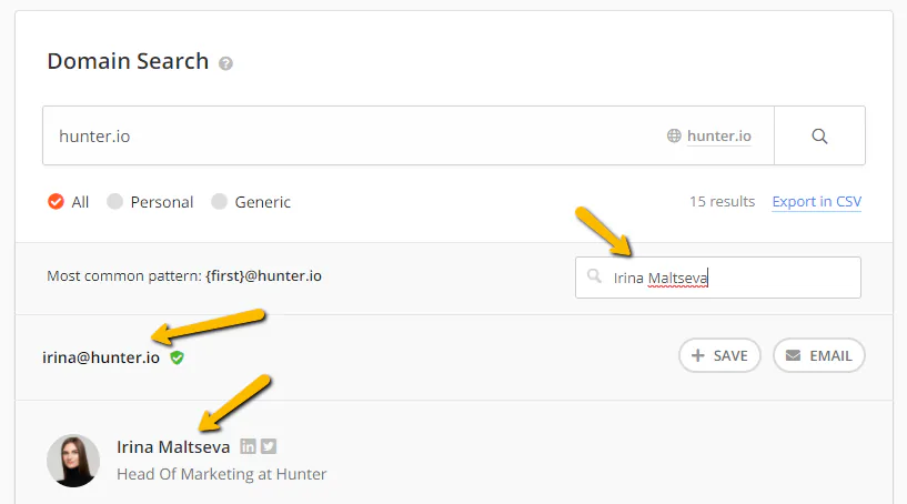 Screenshot of hunter.io domain search showing results