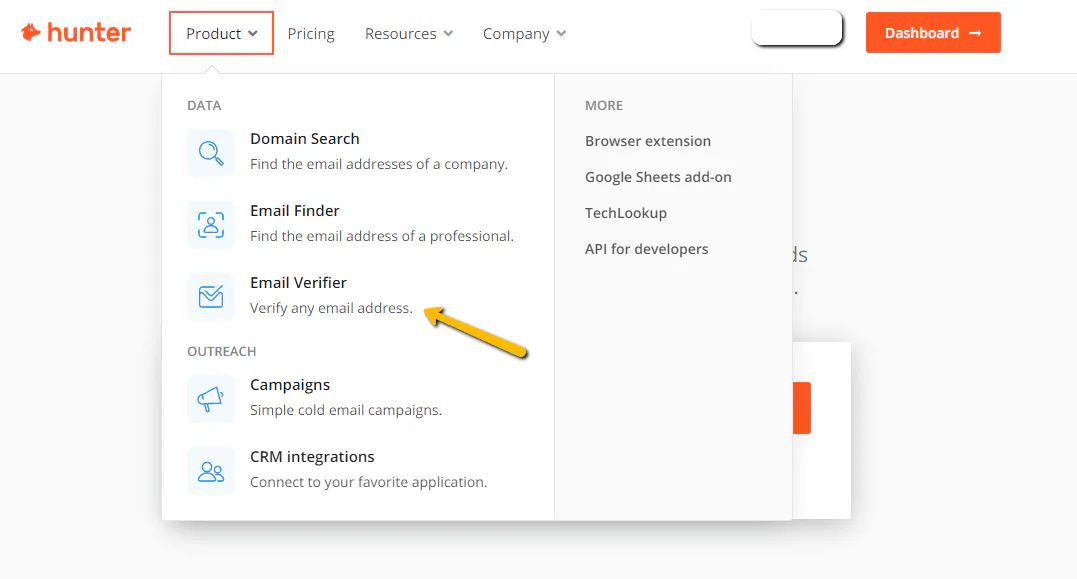 Screenshot of hunter.io menu showing 'Email Verifier' tool