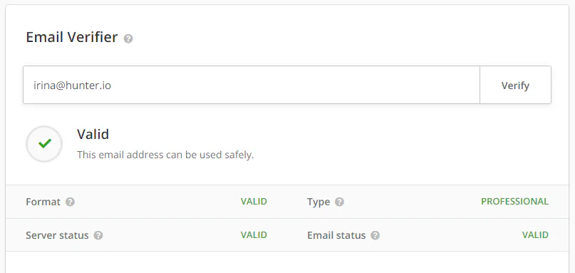 Screenshot showing results of hunter.io email verification
