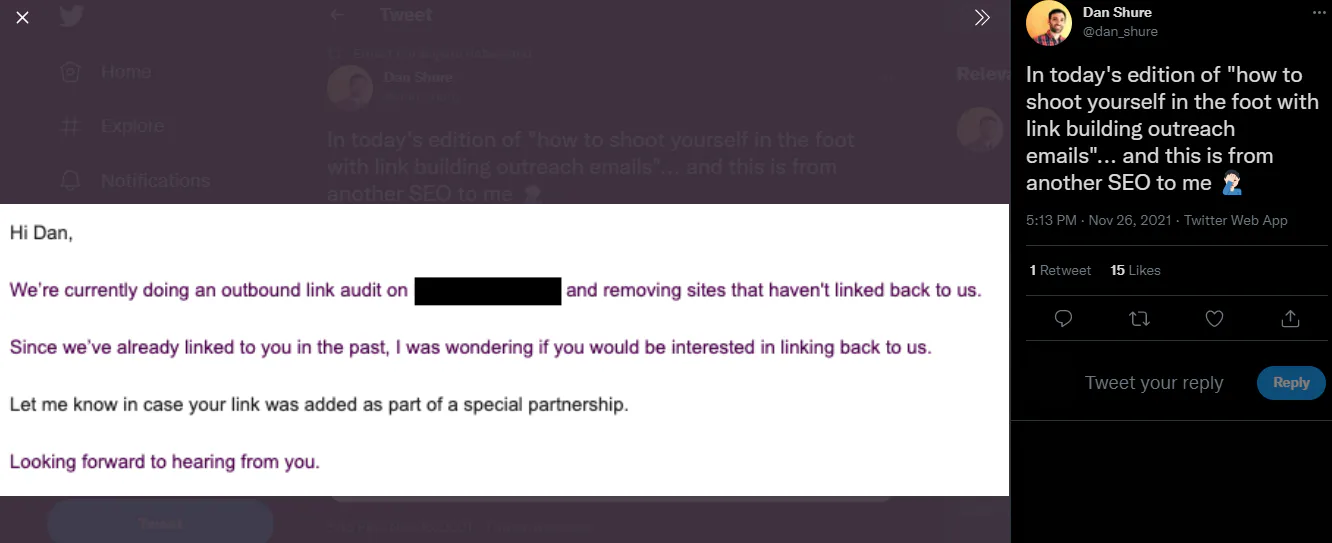 A threatening email trying to solicit links