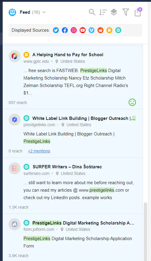 Mentions of our brand name "prestigelinks" on the web, found by a brand monitoring tool called Awario