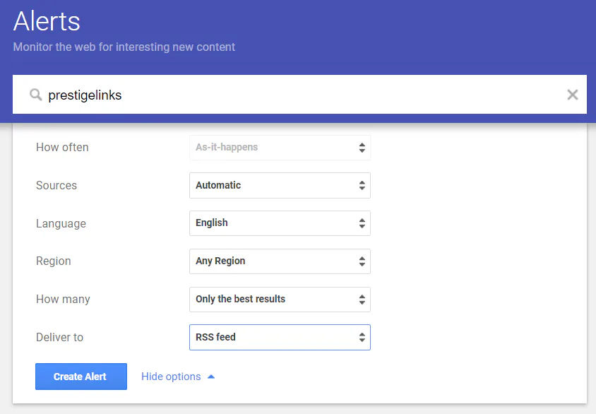 Notification settings on Google Alerts