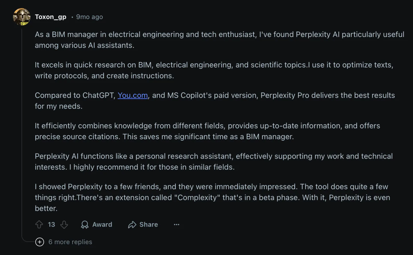 One user describing how they use Perplexity AI for research