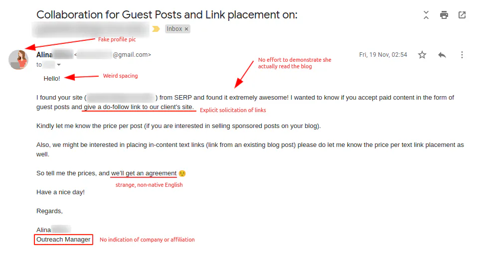 Example of a bad blogger outreach email