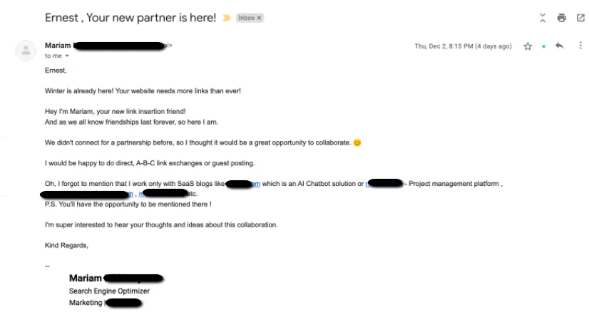 Example email showing a bad outreach attempt