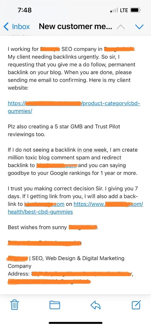 Another threatening email trying to solicit links