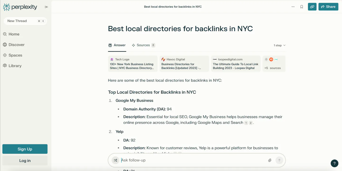Perplexity results for 'best local directories for backlinks in nyc'