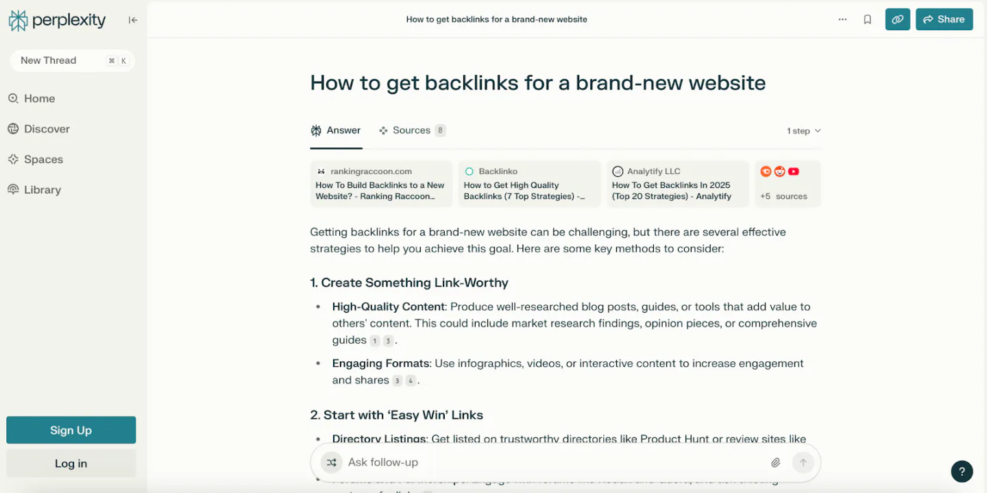 Perplexity results for 'how to get backlinks for a brand new website'