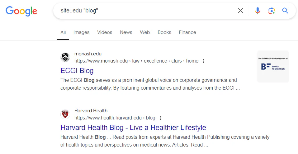 Query string site:.edu "blog" filters Google search results and shows blog pages on edu sites