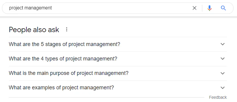 Questions in the People also ask section for the keyword "project management"