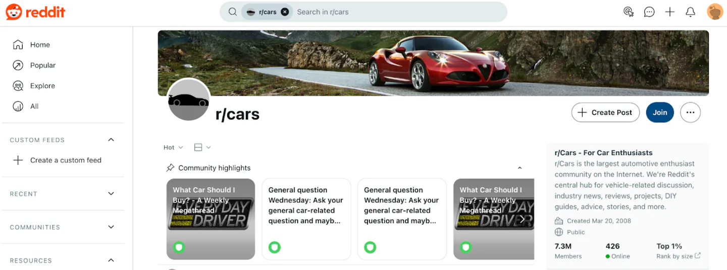 R/Cars subreddit on Reddit