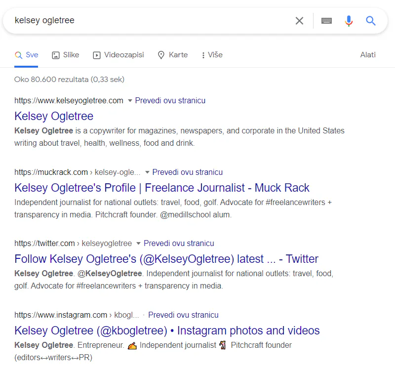 Results for 'Kelsey Ogletree' in Google