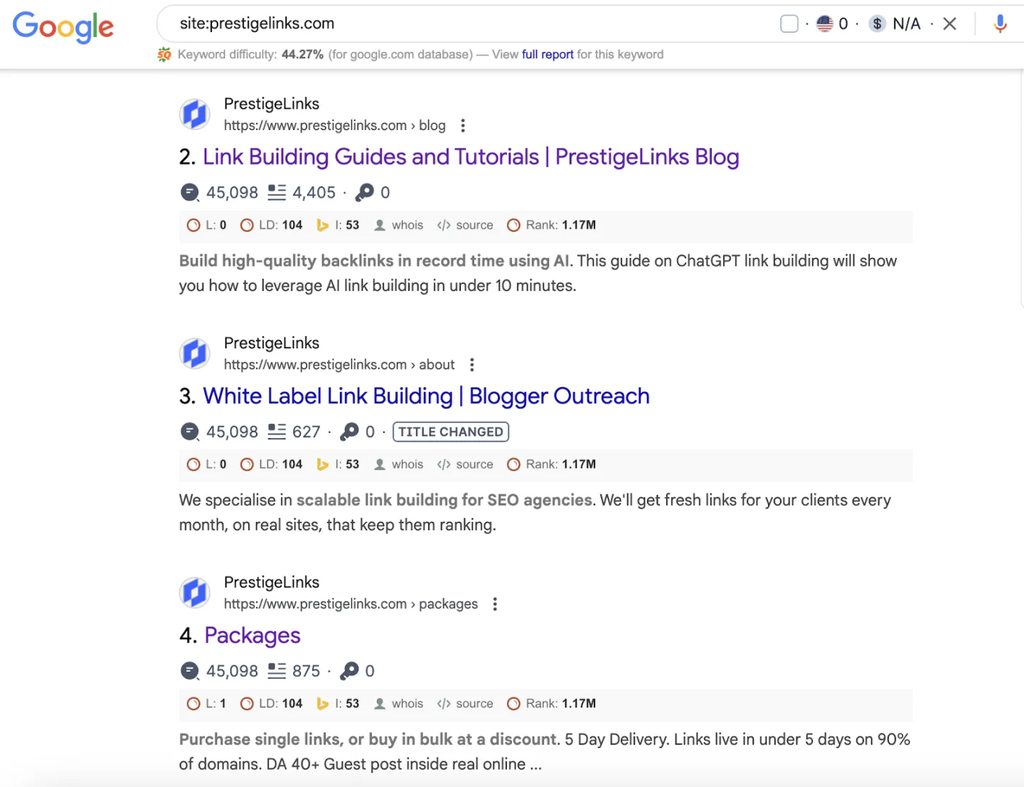 Results for site:prestigelinks.com with metrics from SEOquake