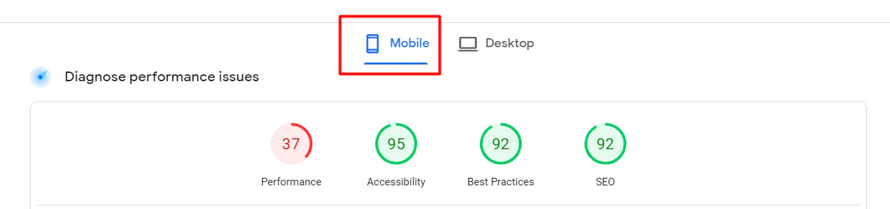 Results of a page speed diagnosis