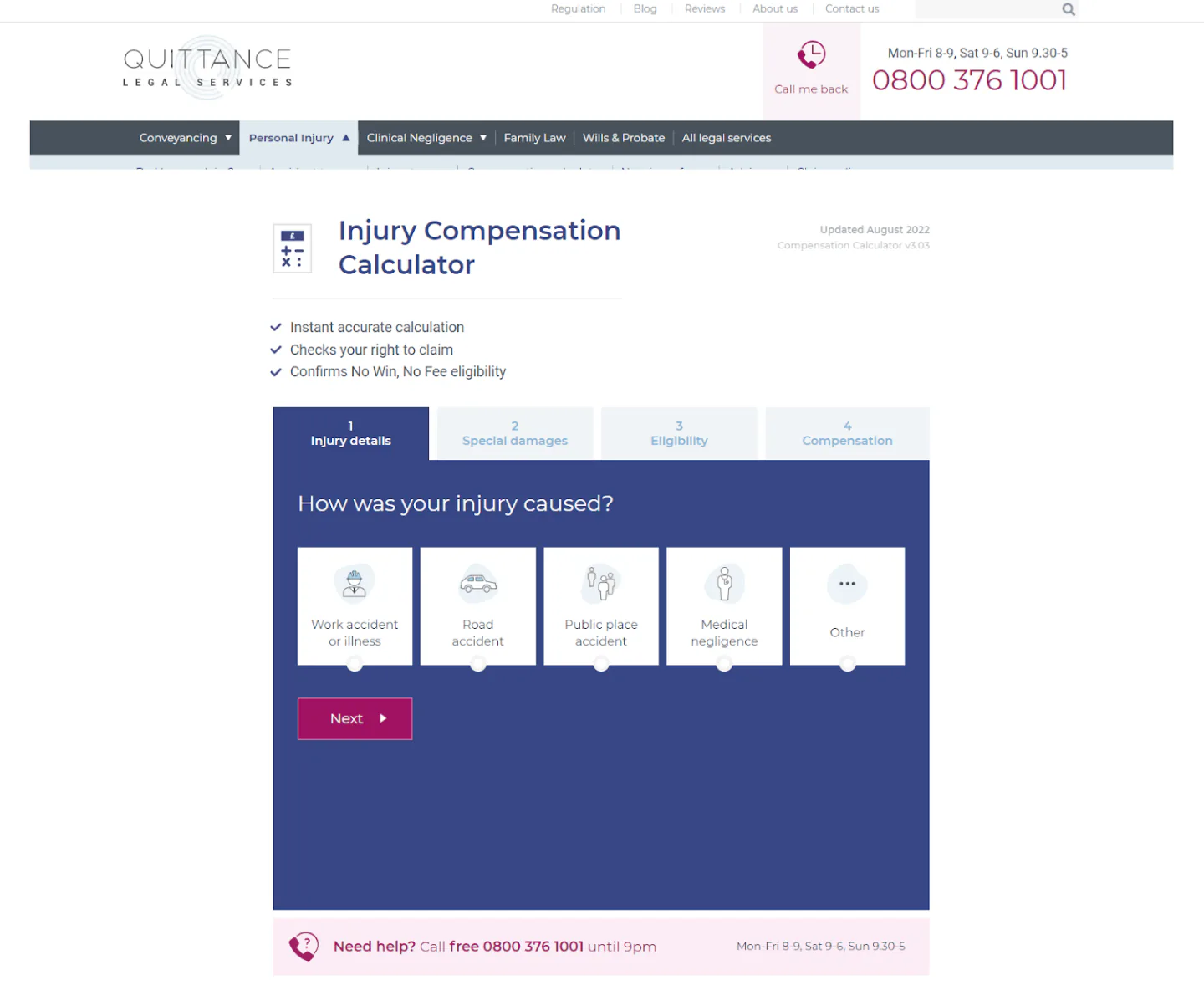 Screenshot of Quittance's injury compensation calculator