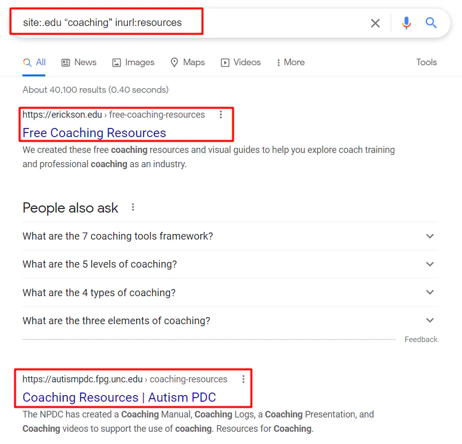 Search results for the query string "site:.edu "coaching" inurl:resources", all linking to resources pages with .edu extensions and the keyword "coaching" in their content.