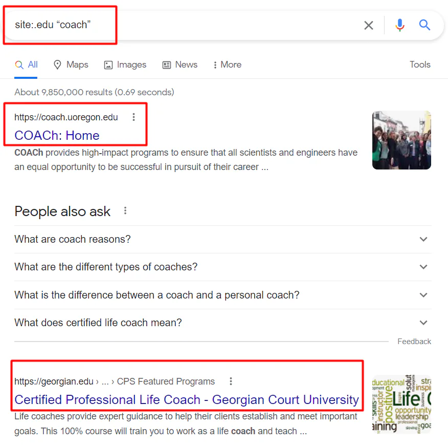 Search results for the query string "site:.edu "coach"", all linking to .edu sites with the keyword "coach" in their content