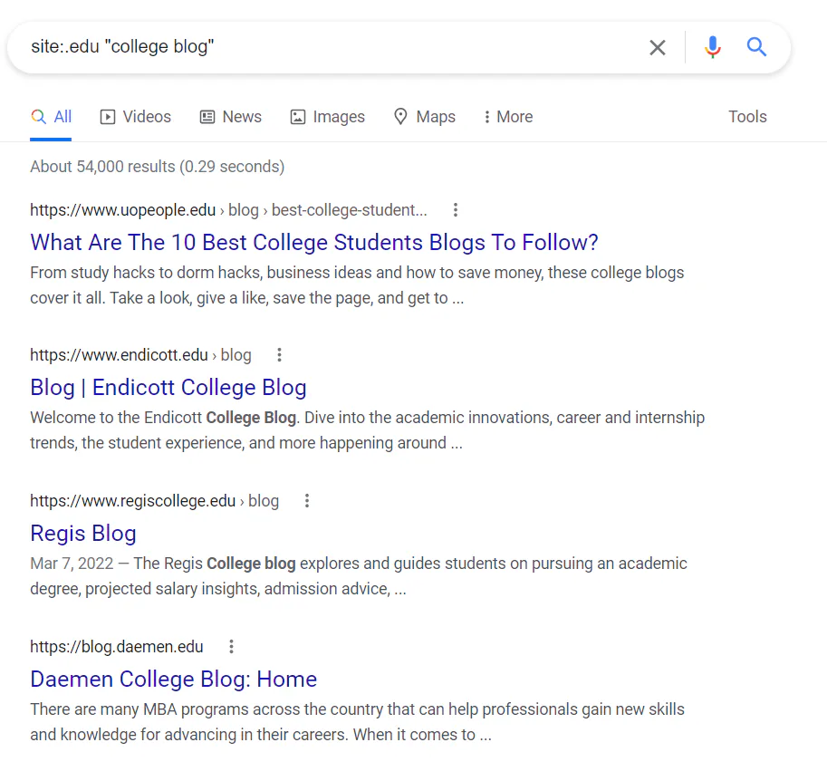 Search results for the query string "site:.edu "college blog"", none of which are student-managed blogs