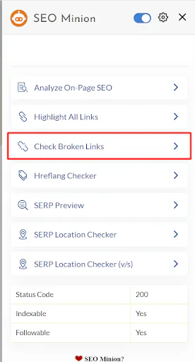 SEO Minion with the "Check Broken Links" feature highlighted