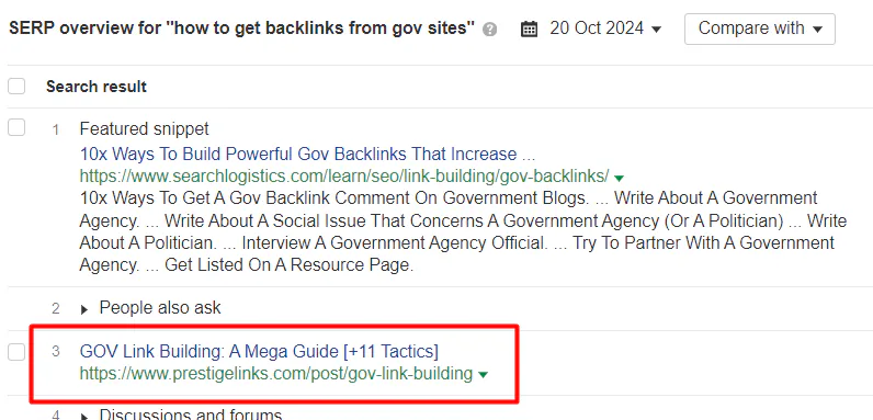 SERP overview for how to get backlinks from gov sites
