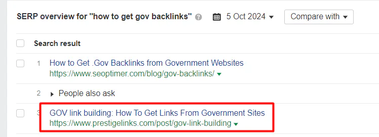 SERP overview for how to get gov backlinks