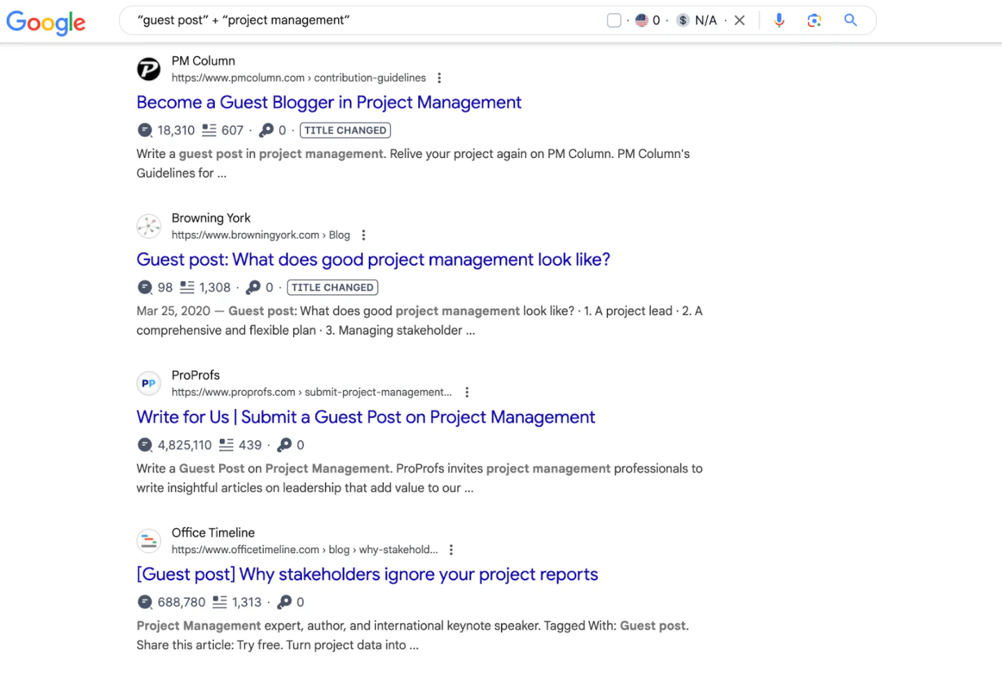 SERPs for the query string "guest post" + "project management"
