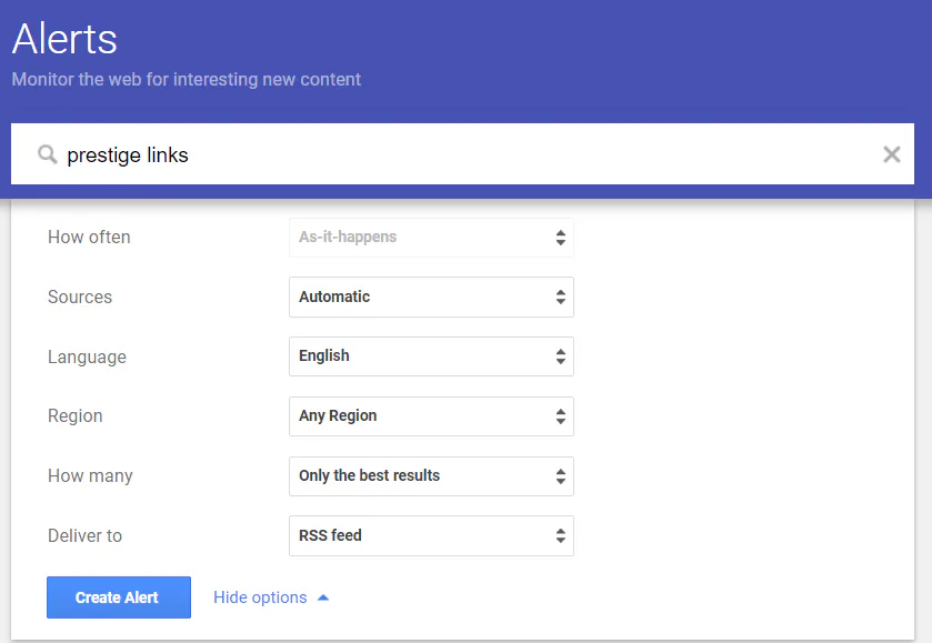 Settings for Google Alerts, ranging from sources and frequency to language and region