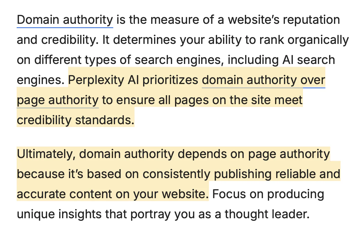 Snapshot from WebFX showing that Perplexity AI prioritizes domain over page authority