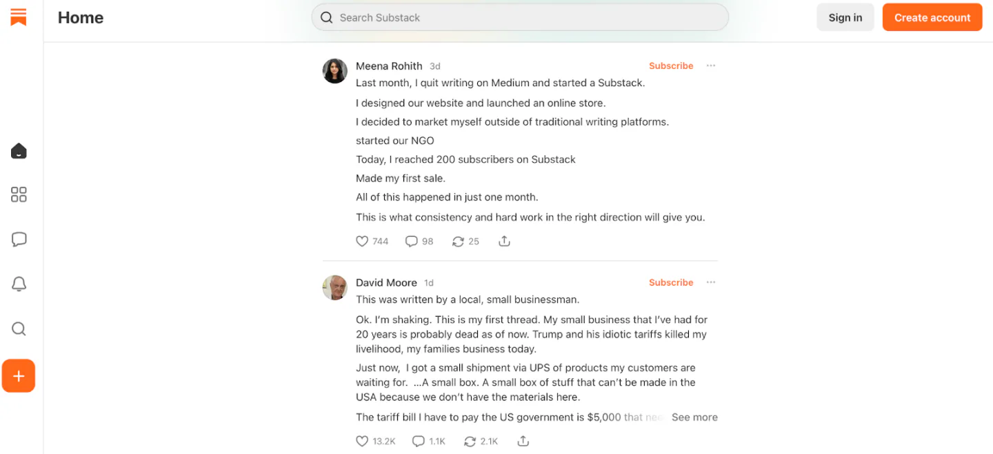 snapshot of Substack Notes