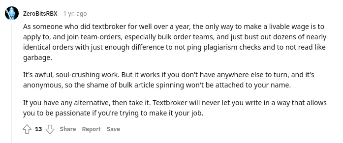 Example comment of a TB writer. Writers are under pressure to churn out high volume, low quality work as fast as they can.