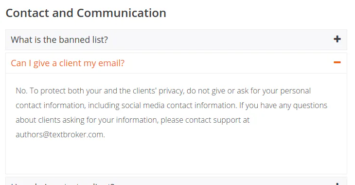 No long term relationships here! Textbroker forbids any off-platform communication.