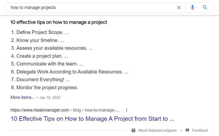 The featured snippet for the keyword "how to manage projects" belonging to nTask